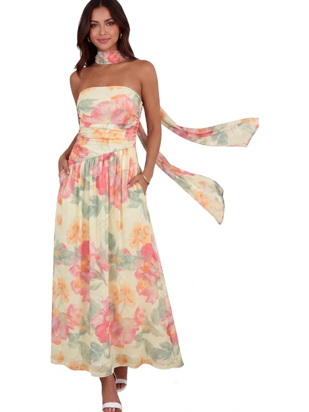 Women's Multicolor Strapless Ruched Elastic Waist Side Pocket Wedding Maxi Dress
